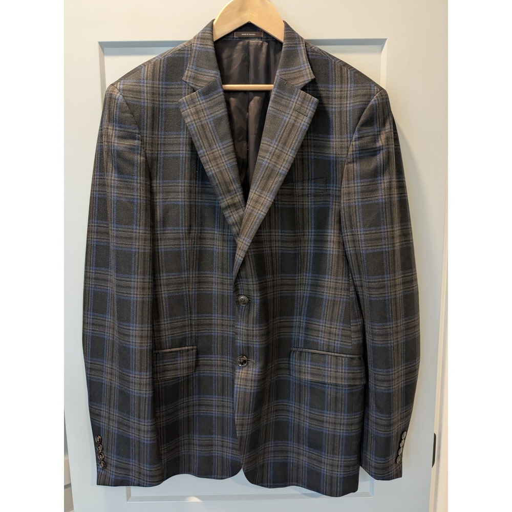 Peter Millar Plaid Sport Coat Blazer Men Charcoal Blue Wool Blend Two Button 44T